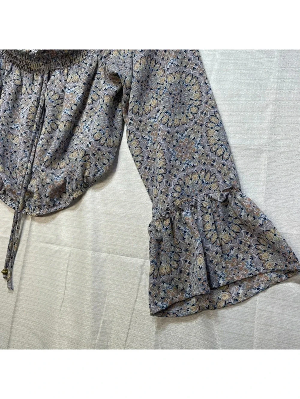 Kingston Grey Womens Off Shoulder Crop Top Medium Blue Yellow Floral Bell Sleeve